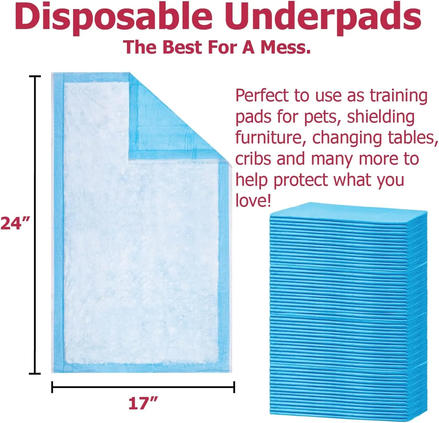 Dealmed (100 Count) Economy Absorbency Disposable Underpads 2-Ply Tissue Fill, 17" X 24 Blue, Perfect as Pet Pads Puppy Training, Medical Table Barrier, Liquid Accident, 100 Pads