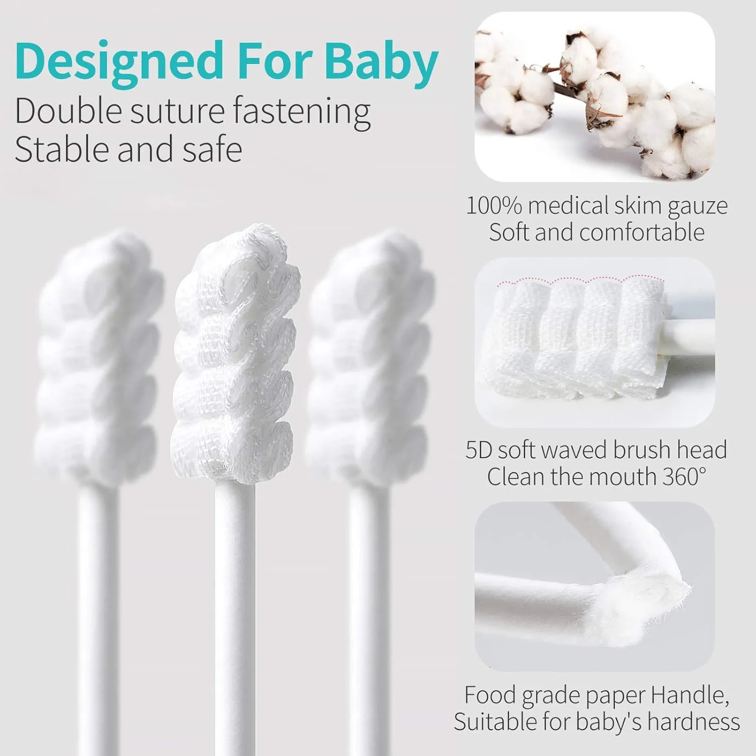 dearlomum Baby Tongue Cleaner, Newborn Toothbrush, 48PCS Disposable Infant Clean Mouth,Gauze Gum Cleaner Baby Oral Cleaning Stick Dental Care for 0-36 Month