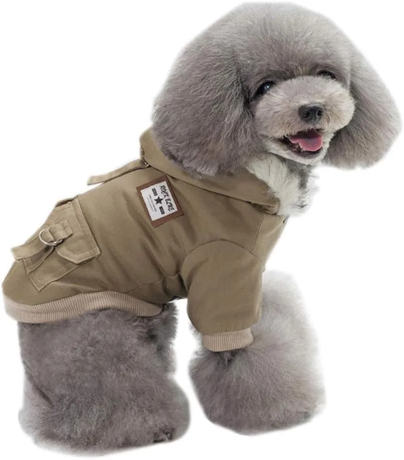 Dog Hoodies, Work Clothes, Thickened Dog Overall, Dog Military Uniform, Army Hoodie Sweater, Cotton Jacket Fur Coat for Small Dog & Medium Dog & Cat (Khaki,XXL)