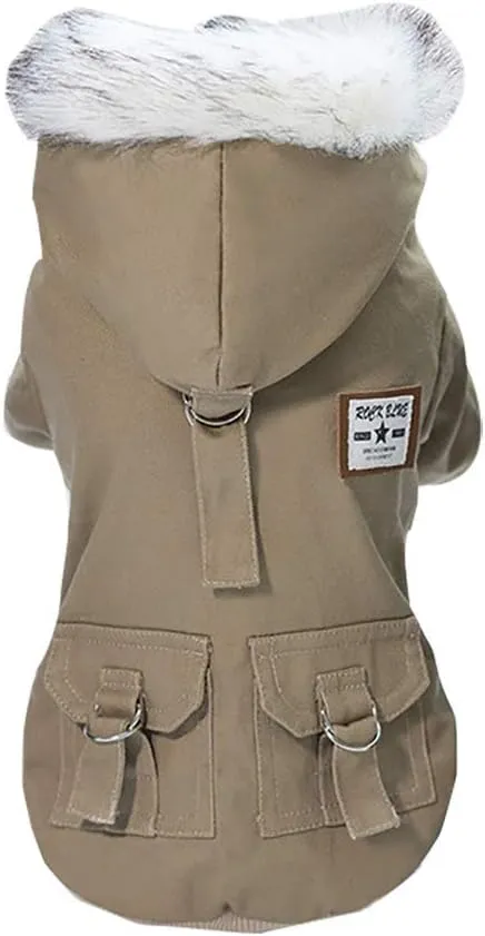 Dog Hoodies, Work Clothes, Thickened Dog Overall, Dog Military Uniform, Army Hoodie Sweater, Cotton Jacket Fur Coat for Small Dog & Medium Dog & Cat (Khaki,XXL)