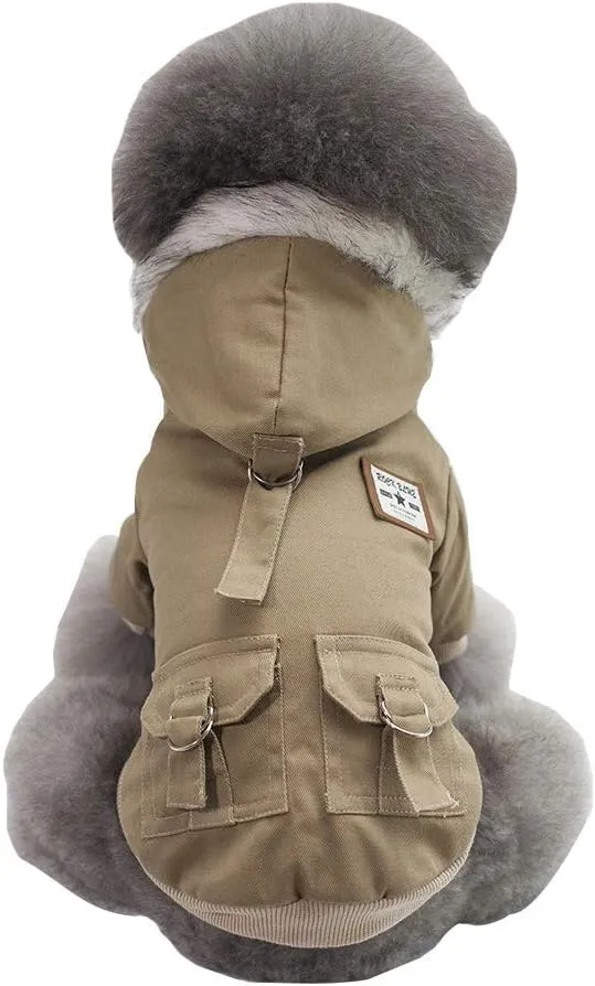 Dog Hoodies, Work Clothes, Thickened Dog Overall, Dog Military Uniform, Army Hoodie Sweater, Cotton Jacket Fur Coat for Small Dog & Medium Dog & Cat (Khaki,XXL)