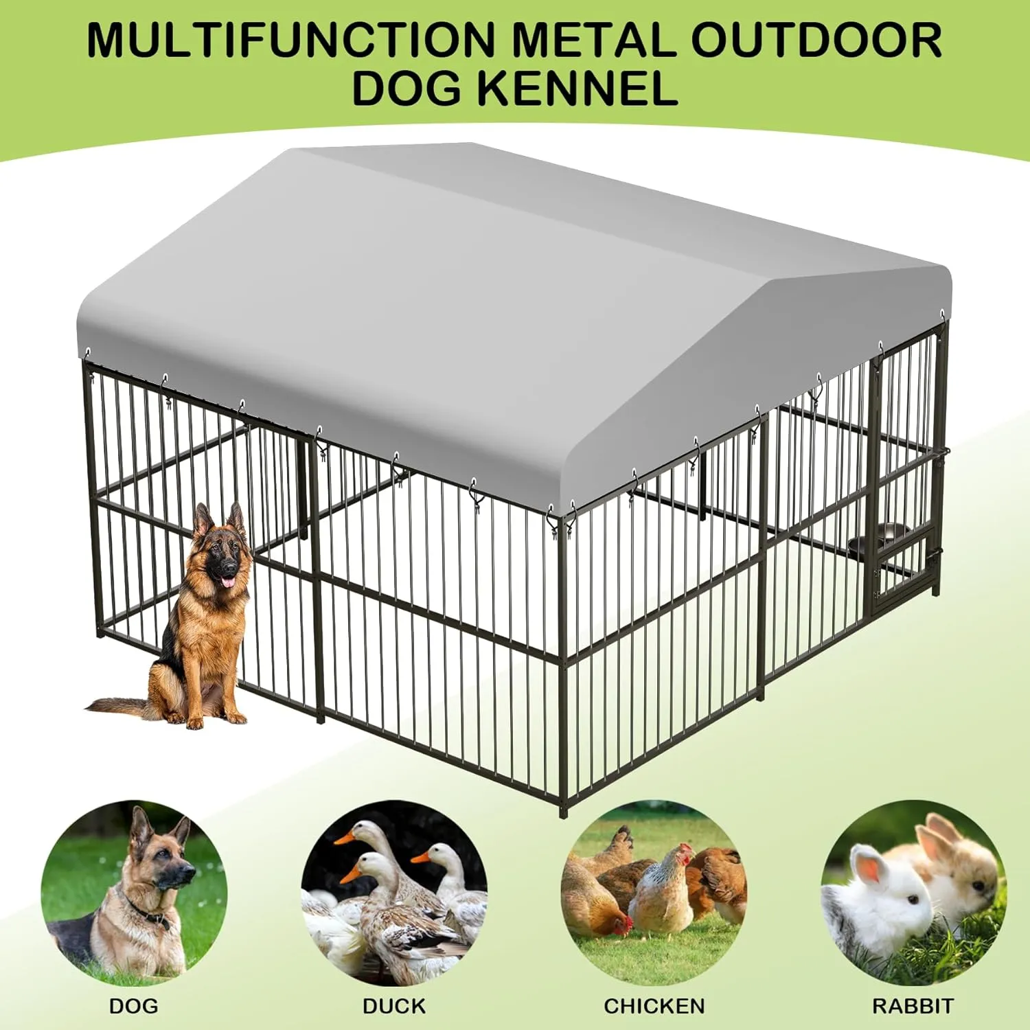 Dog Kennel Outdoor, Heavy Duty Metal Dog House with 2 Stainless Bowls,Feeding Door,Waterproof Roof Cover and Secure Lock,Rust Resistance Metal Dog Playpen Fence,for Garden Backyard (10x10FT)