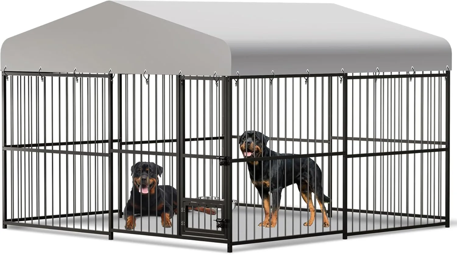 Dog Kennel Outdoor, Heavy Duty Metal Dog House with 2 Stainless Bowls,Feeding Door,Waterproof Roof Cover and Secure Lock,Rust Resistance Metal Dog Playpen Fence,for Garden Backyard (10x10FT)