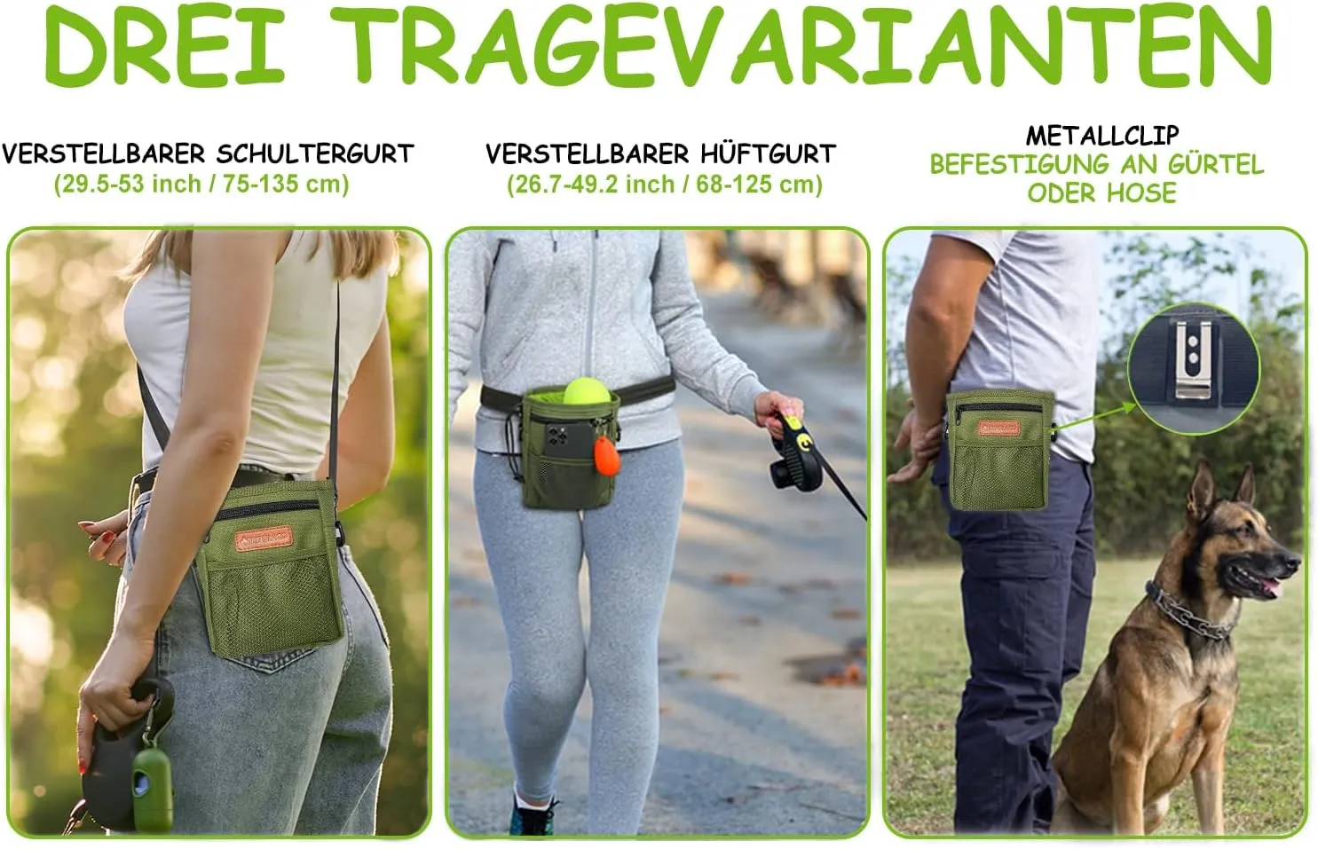 Dog Treat Pouch, Large Treat Pouches for Pet Training with Multiple Pockets, Built-in Poop Bag Dispenser & Phone Holder, 3 Wear Styles, Ideal Dog Treat Bag for Training & Walks, Green