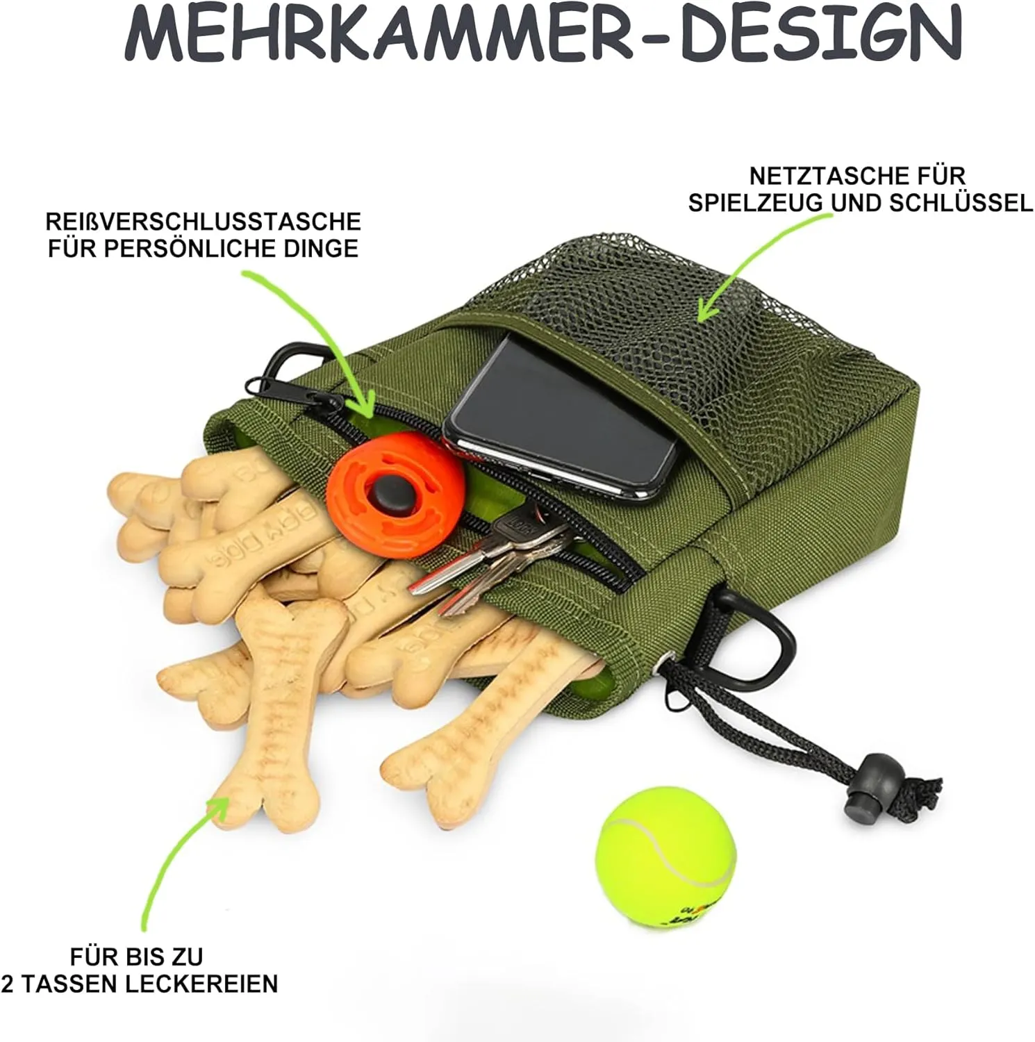 Dog Treat Pouch, Large Treat Pouches for Pet Training with Multiple Pockets, Built-in Poop Bag Dispenser & Phone Holder, 3 Wear Styles, Ideal Dog Treat Bag for Training & Walks, Green