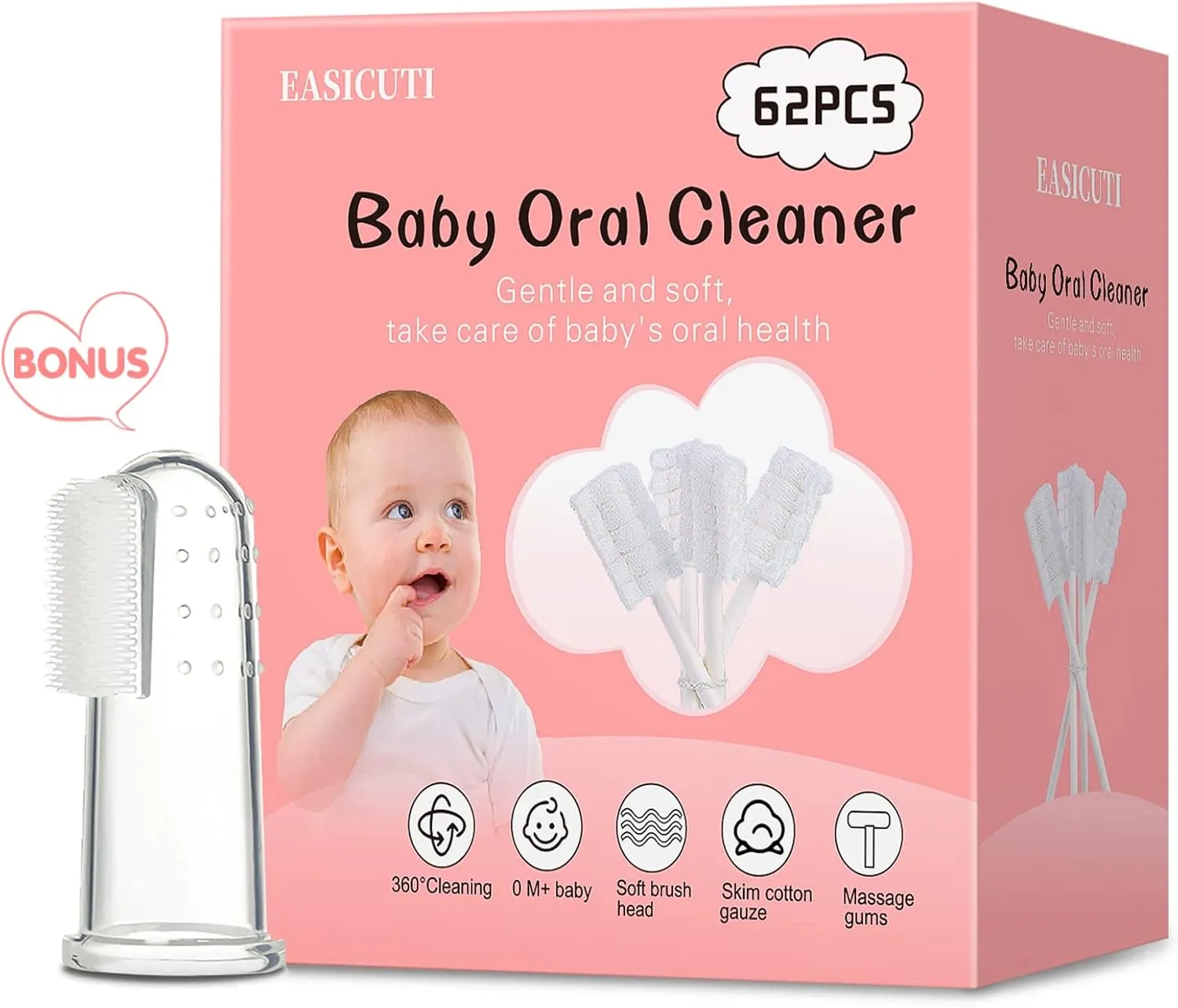 EASICUTI 62PCS Baby Tongue Cleaner, Baby Oral Cleaner Newborn Baby Toothbrush,Disposable Infant Toothbrush Clean Mouth,Gauze Gum Clean Stick Dental Care for 0-36 Month  1 Finger Toothbrush with Case