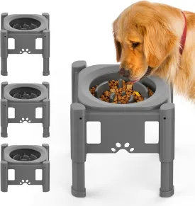 Elevated Slow Feeder Bowls, Adjustable Dog Slow Feeder with 3 Heights (6.1", 7.7", 9.3") Non-Slip Stand for Medium Large Breed Dogs, Grey