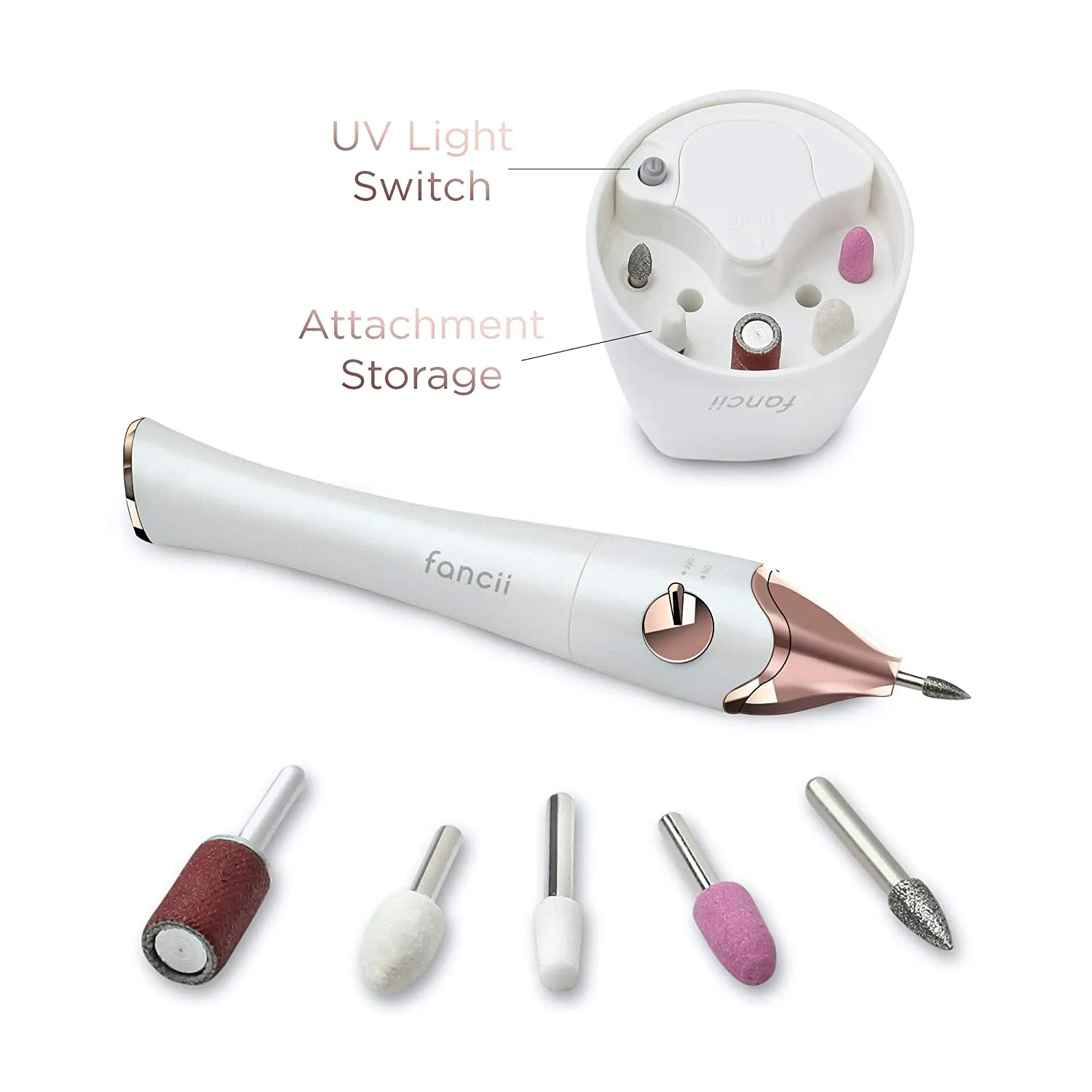 Fancii Professional Electric Manicure & Pedicure Nail File Set with Stand - The Complete Portable Nail Drill System with Buffer, Polisher, Shiner, Shaper and UV Dryer (Champagne Gold)