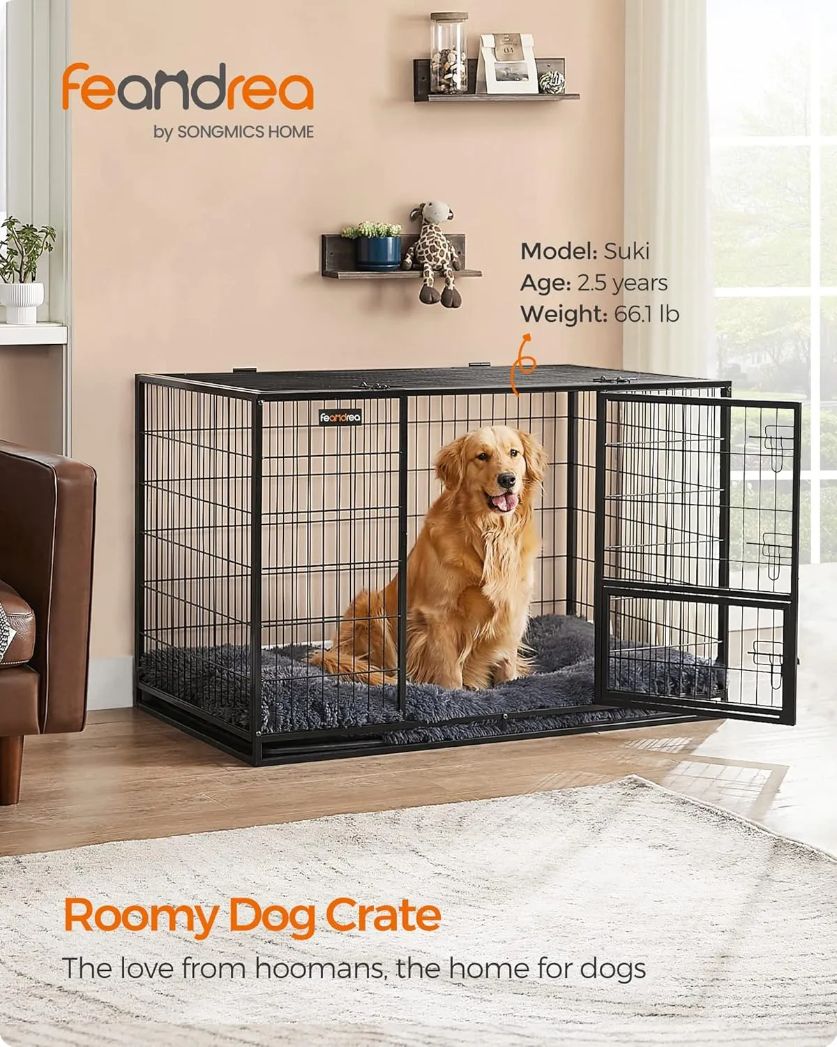 Feandrea Heavy-Duty Dog Crate, Metal Dog Kennel and Cage with Removable Tray, XXL for Large Dogs, 48 x 29.3 x 31.7 Inches, Black UPPD003B01