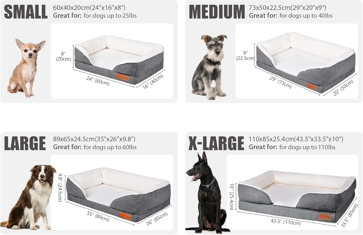 Fida Orthopedic Dog Bed with Memory Foam Base - Dog Lounge Sofa with Removable Washable Cover, Pets Couch Beds for Small/Medium/Large Dogs & Cats (L-35"x26", Black)