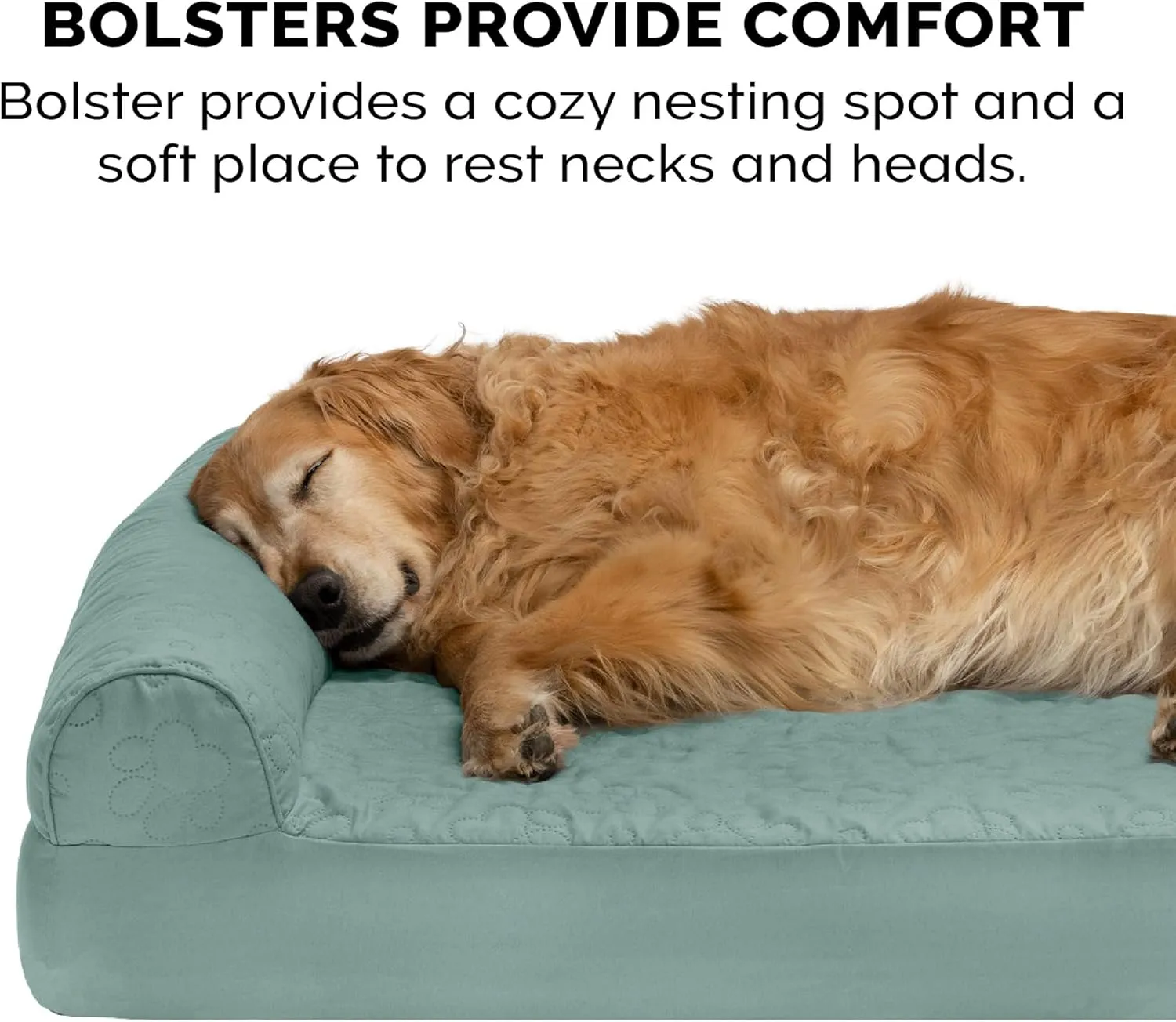 Furhaven Cooling Gel Dog Bed for Large/Medium Dogs w/ Removable Bolsters & Washable Cover, For Dogs Up to 55 lbs - Pinsonic Quilted Paw L Shaped Chaise - Iceberg Green, Large