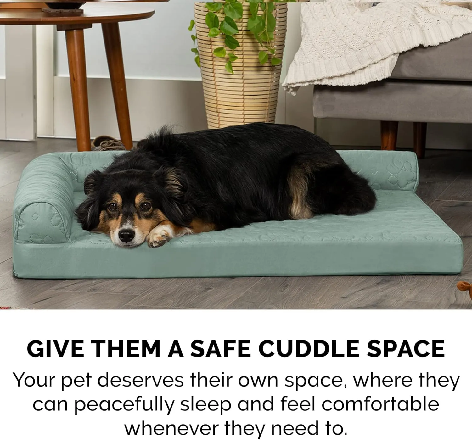 Furhaven Cooling Gel Dog Bed for Large/Medium Dogs w/ Removable Bolsters & Washable Cover, For Dogs Up to 55 lbs - Pinsonic Quilted Paw L Shaped Chaise - Iceberg Green, Large