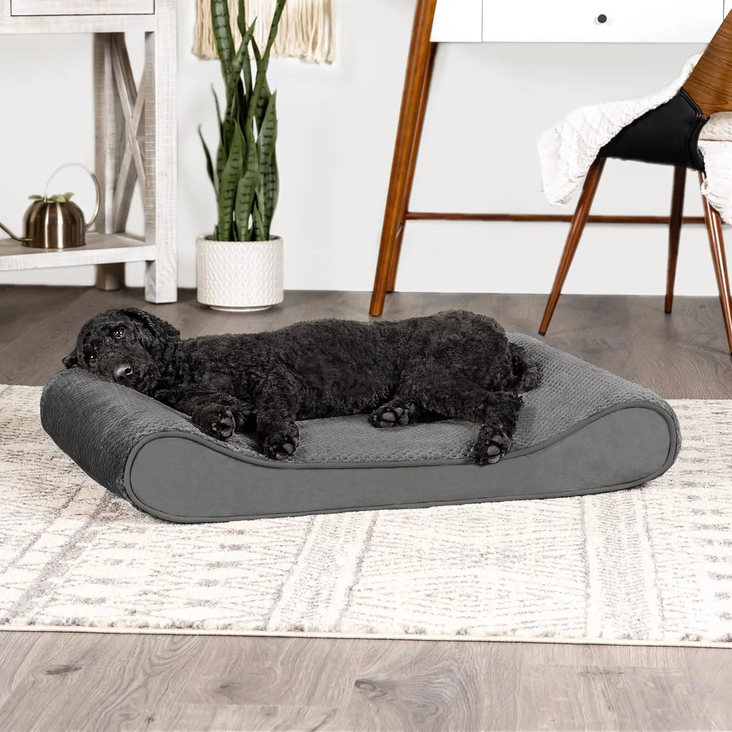 Furhaven Orthopedic Dog Bed for Large/Medium Dogs w/ Removable Washable Cover, For Dogs Up to 38 lbs - Minky Plush & Velvet Luxe Lounger Contour Mattress - Gray, Large
