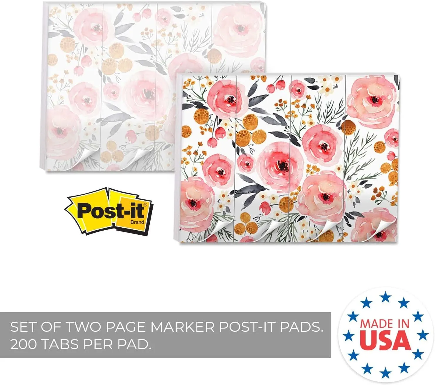 Gotcha Covered Notebooks Floral Page Marker Assortment/Set Of 2 Sticky Tab Designs / 1" x 2.875" Multiuse Sticky Note Tabs / 200 Tabs Per Pad/Made In USA