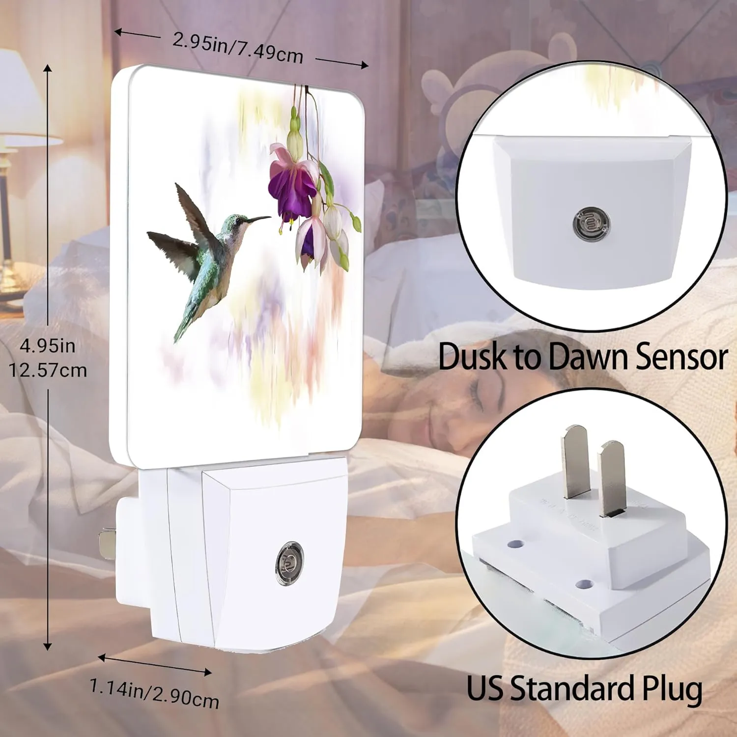 Groovy Hummingbird Flowers Dusk to Dawn Night Light, Auto Sensor Lamp Home Indoor Stairway Kitchen Corridor, Night Lights Plug into Wall Decor, Boys Girls Women Men Room Gifts