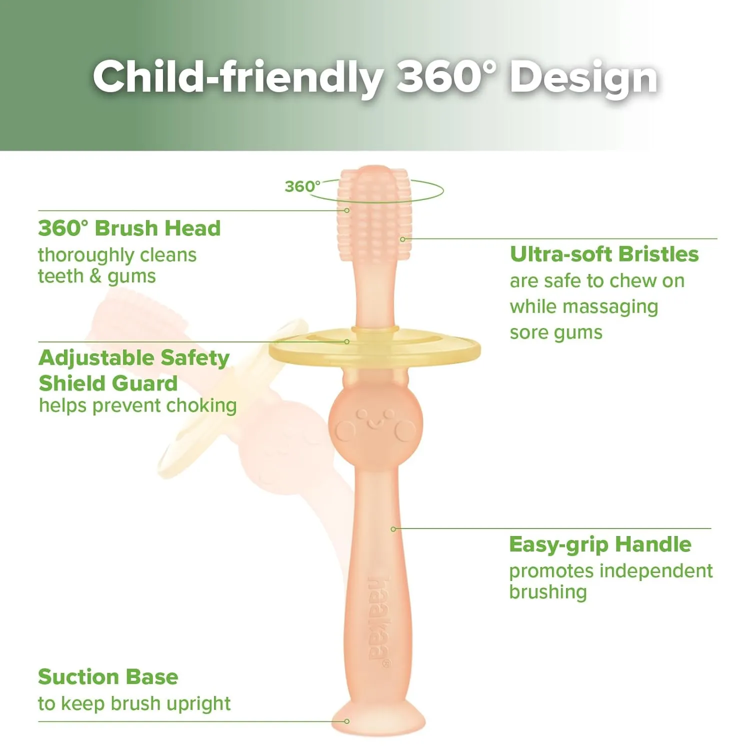haakaa 360 Baby Toothbrush with Suction Base - Gentle Cleaning for Toddler's Self-Brushing Training, Food-Grade Silicone, Adjustable Safety Shield - Pink (1 Piece)