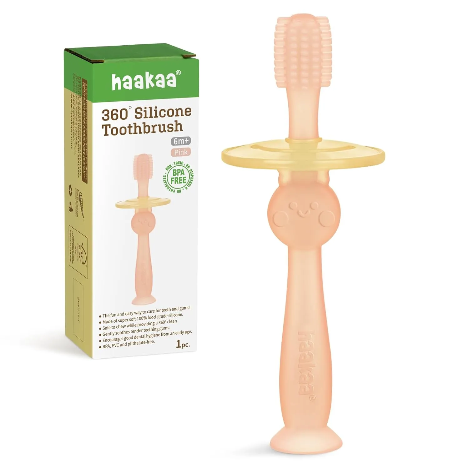 haakaa 360 Baby Toothbrush with Suction Base - Gentle Cleaning for Toddler's Self-Brushing Training, Food-Grade Silicone, Adjustable Safety Shield - Pink (1 Piece)