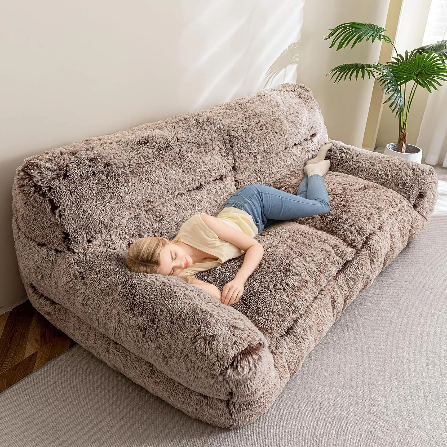 HIGOGOGO Giant Human Dog Sofa Bed, Big Comfy Floor Sofa Couch for Pet Families with Foam Chunk Supportive Mat, Fluffy Faux Fur Orthopedic Dog Bed for Human, XXXL Size, Snow Coffee
