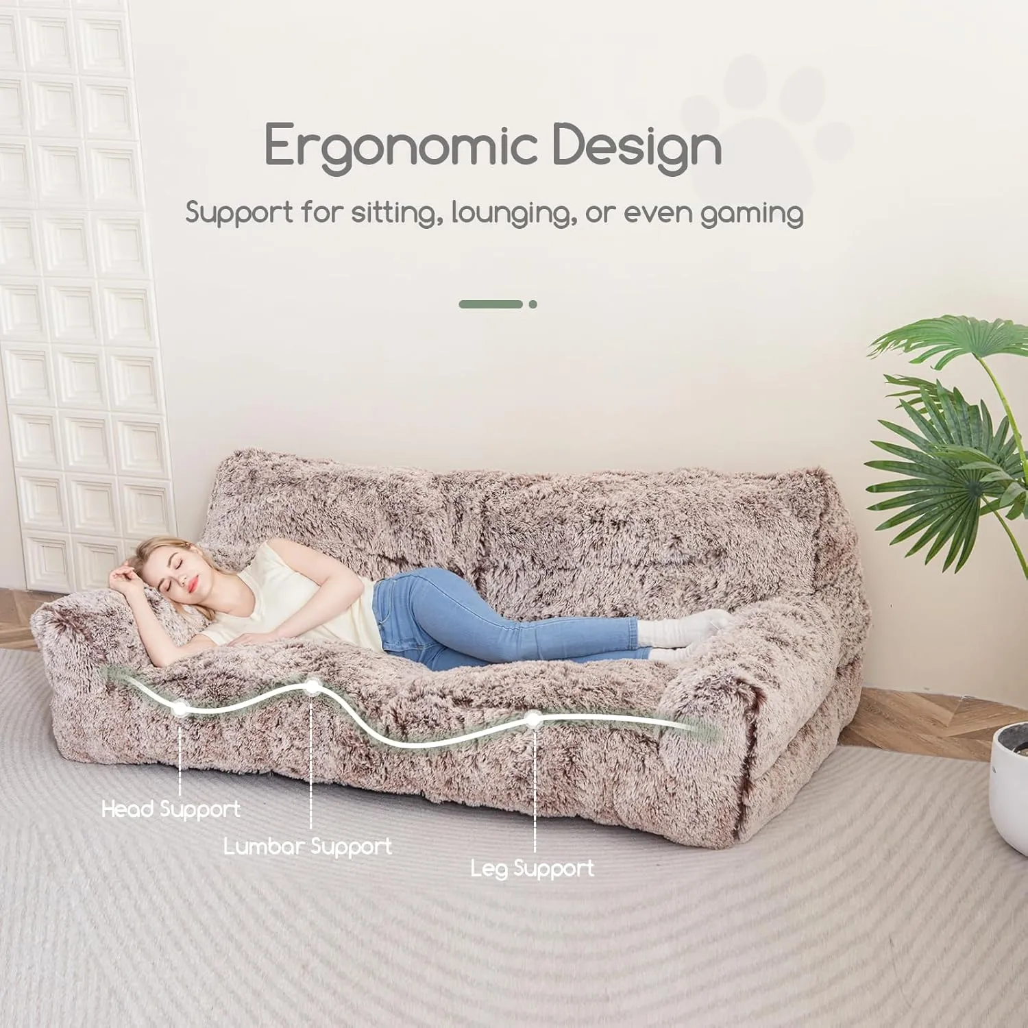 HIGOGOGO Giant Human Dog Sofa Bed, Big Comfy Floor Sofa Couch for Pet Families with Foam Chunk Supportive Mat, Fluffy Faux Fur Orthopedic Dog Bed for Human, XXXL Size, Snow Coffee
