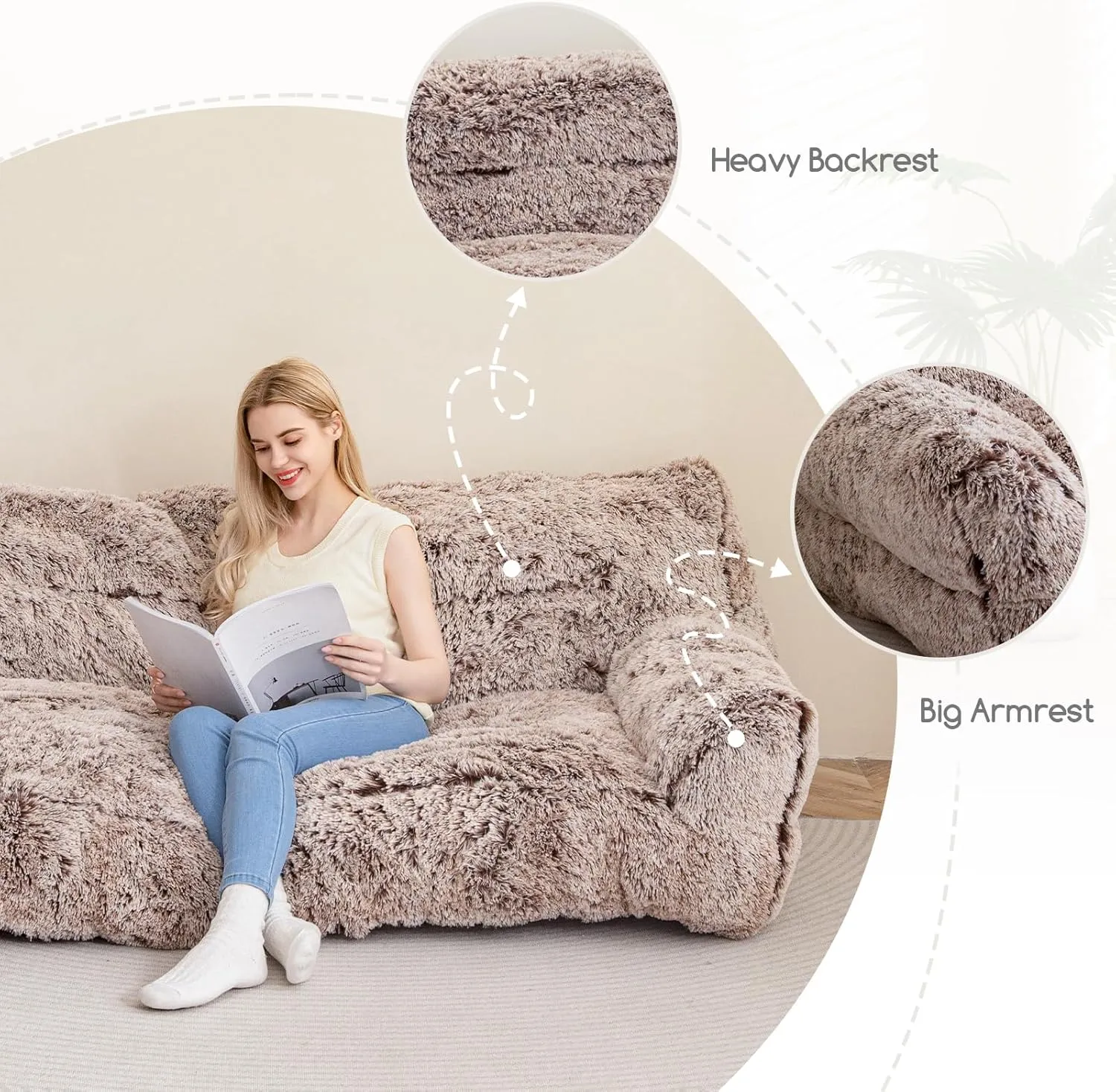 HIGOGOGO Giant Human Dog Sofa Bed, Big Comfy Floor Sofa Couch for Pet Families with Foam Chunk Supportive Mat, Fluffy Faux Fur Orthopedic Dog Bed for Human, XXXL Size, Snow Coffee
