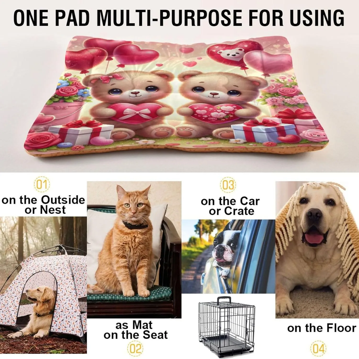 Joko Ivery Bears Heart Valentines Dog Cat Bed for Crate Soft Crate Pad Machine Washable Sleeping Mats Anti Slip Crate Mat for Puppy Dogs Cats Indoor Pet Supplies 2418 in
