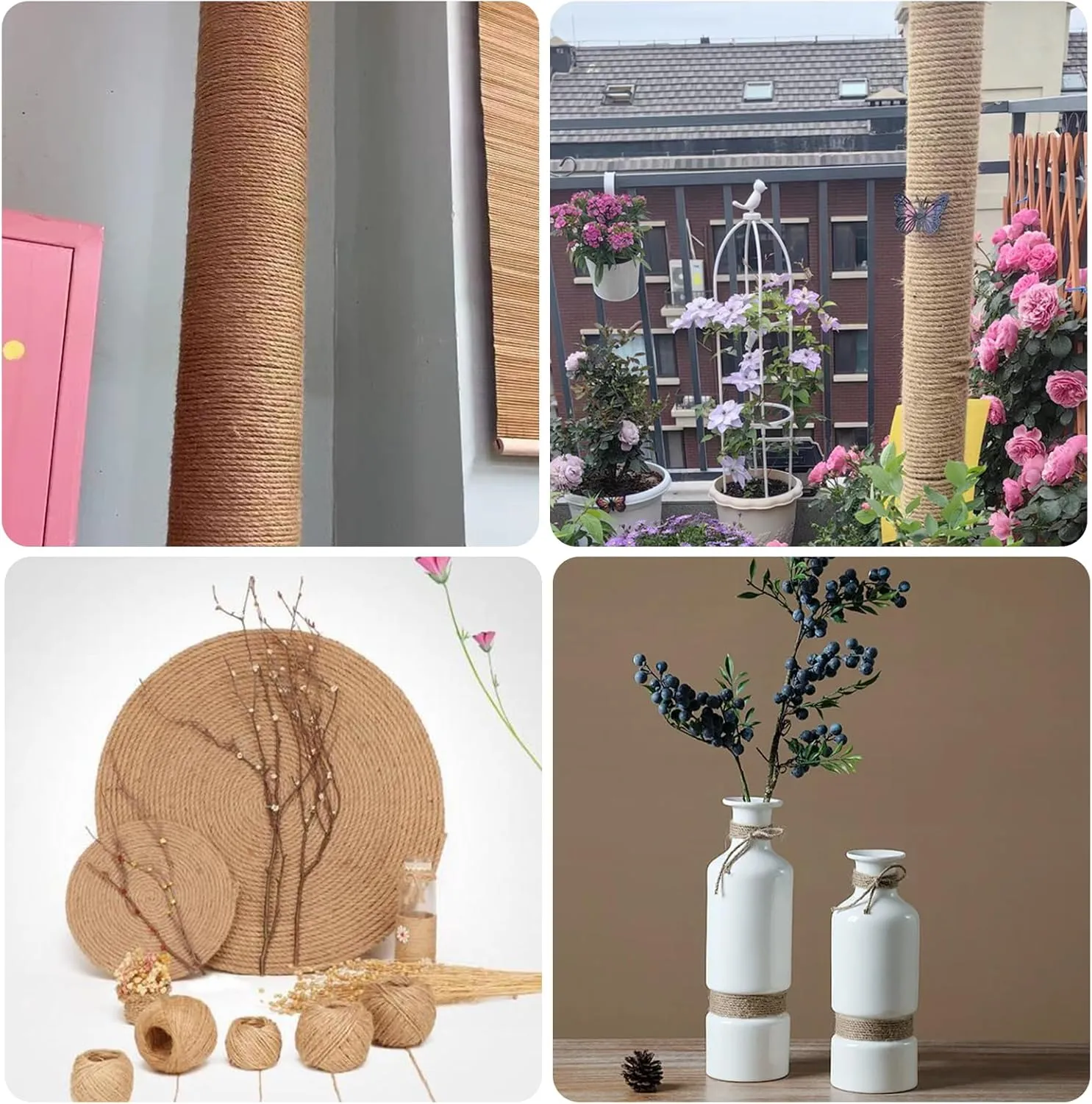 Jute Twine Rope 1/5 Inch 328 ft Natural Twine for Craft Projects Cat Scratcher Scratching Post Tree Gardening Art Artworks Home Decoration Bulk Heavy-Duty Wedding Decor, Brown(5mm,100m)