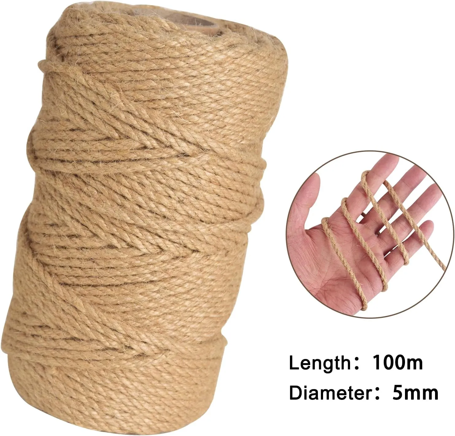 Jute Twine Rope 1/5 Inch 328 ft Natural Twine for Craft Projects Cat Scratcher Scratching Post Tree Gardening Art Artworks Home Decoration Bulk Heavy-Duty Wedding Decor, Brown(5mm,100m)