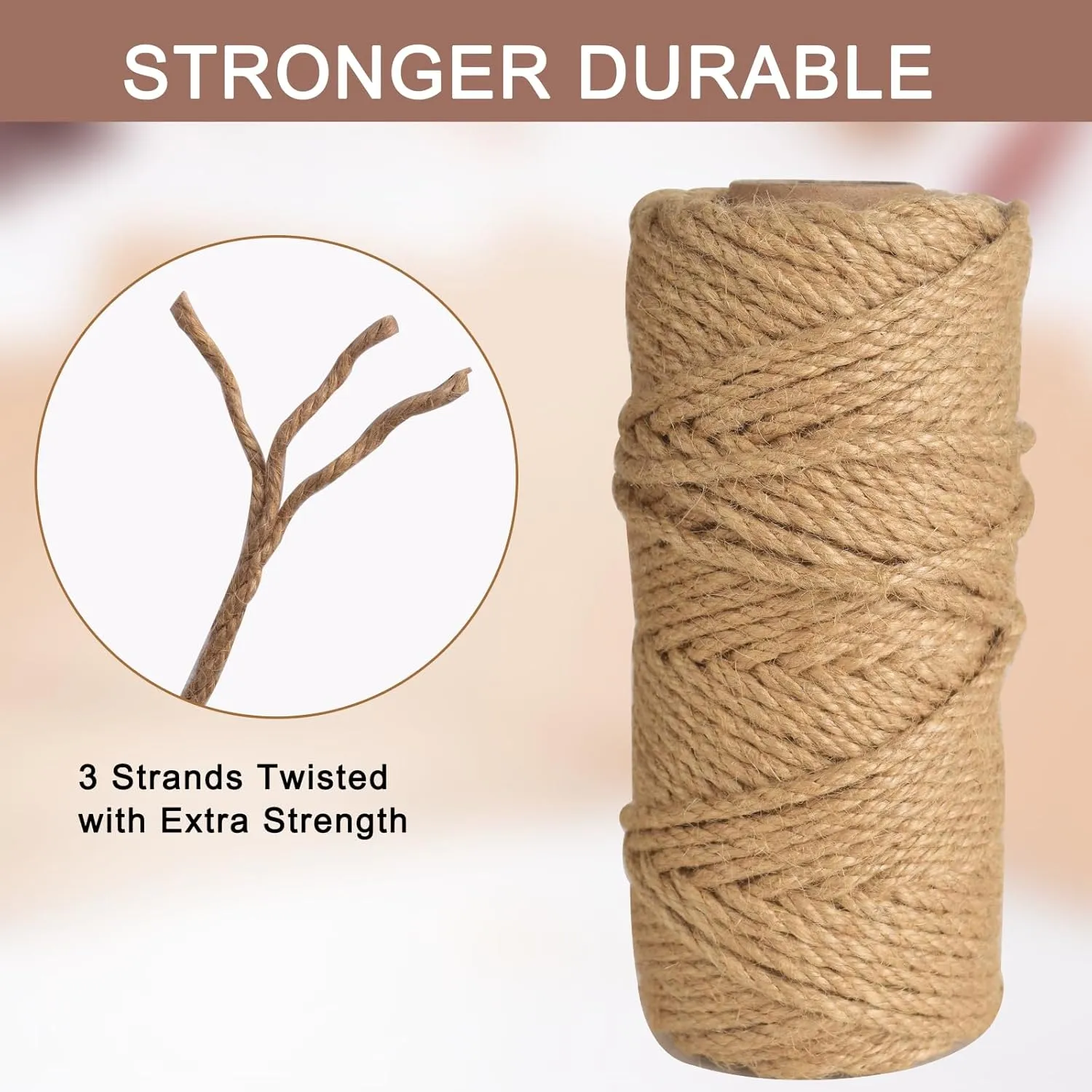 Jute Twine Rope 1/5 Inch 328 ft Natural Twine for Craft Projects Cat Scratcher Scratching Post Tree Gardening Art Artworks Home Decoration Bulk Heavy-Duty Wedding Decor, Brown(5mm,100m)