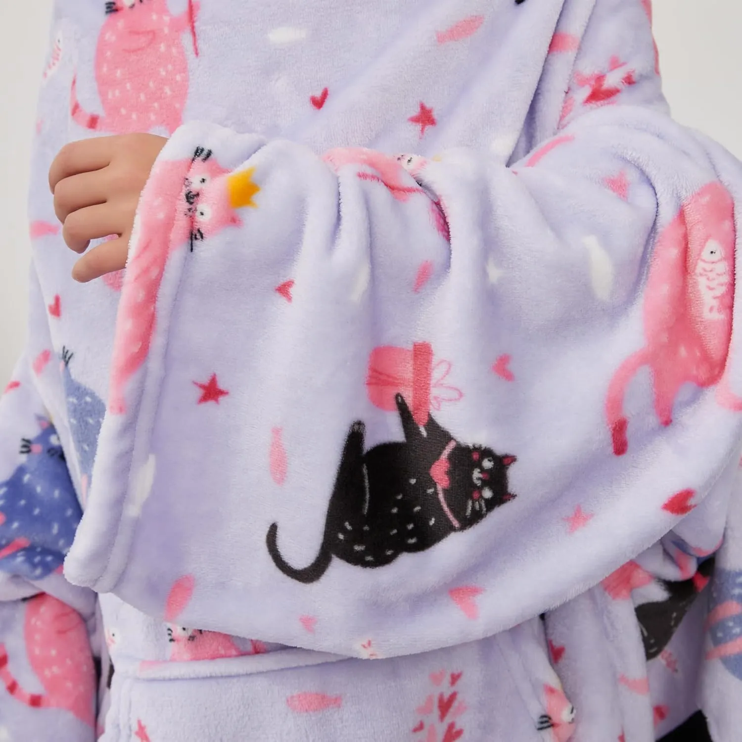 Kids Snuggies Wearable Fleece Blanket with Sleeves & Foot Pocket for Kids Girls Boys, Lightweight Soft Blanket, Cat