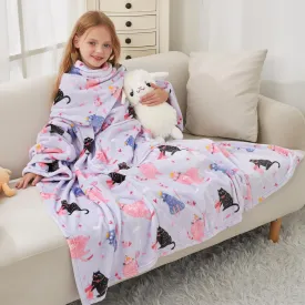 Kids Snuggies Wearable Fleece Blanket with Sleeves & Foot Pocket for Kids Girls Boys, Lightweight Soft Blanket, Cat