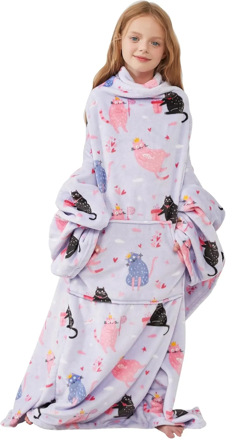 Kids Snuggies Wearable Fleece Blanket with Sleeves & Foot Pocket for Kids Girls Boys, Lightweight Soft Blanket, Cat