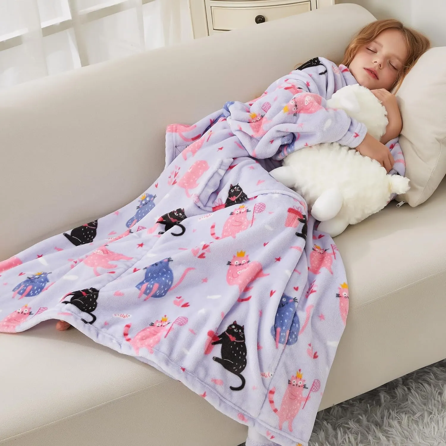 Kids Snuggies Wearable Fleece Blanket with Sleeves & Foot Pocket for Kids Girls Boys, Lightweight Soft Blanket, Cat