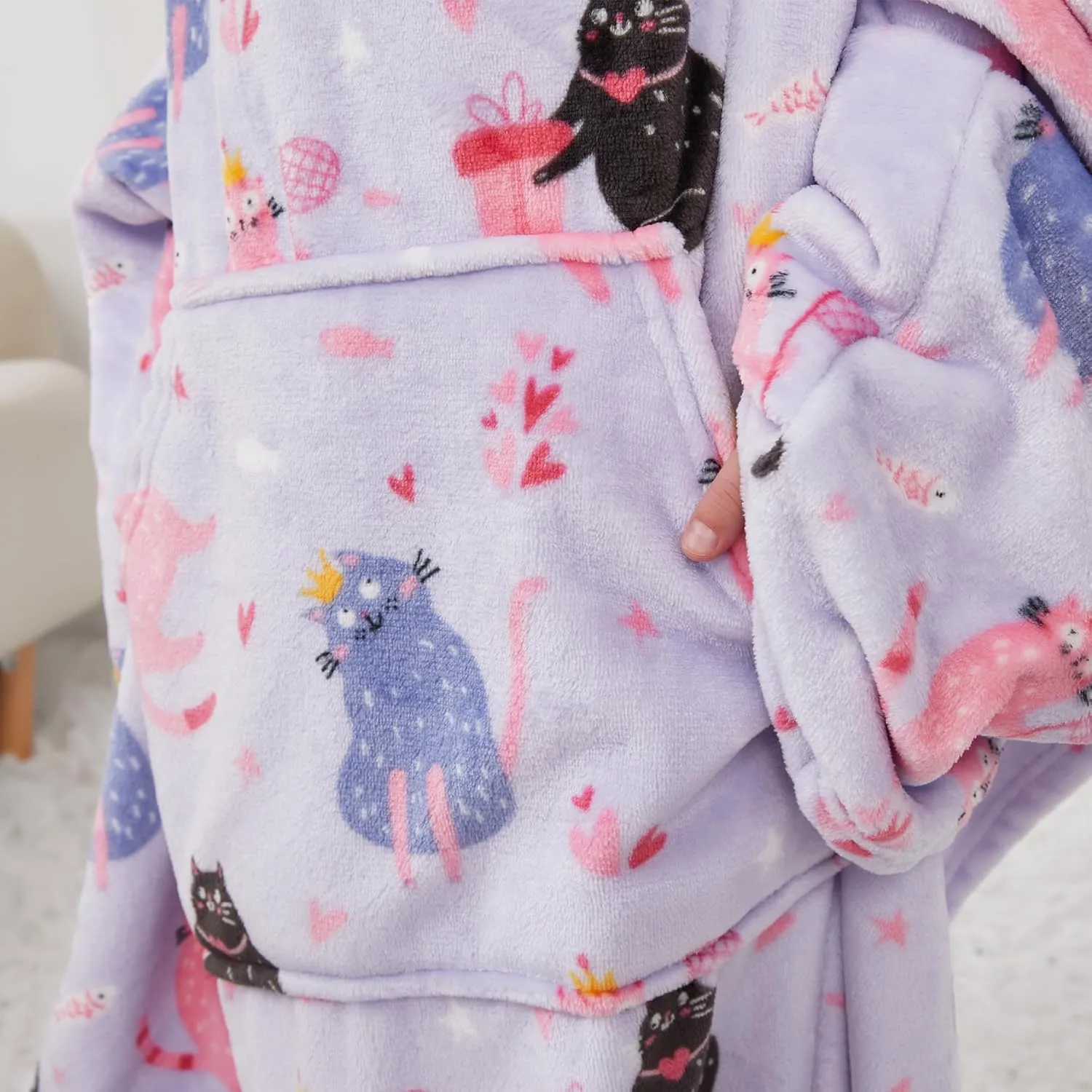 Kids Snuggies Wearable Fleece Blanket with Sleeves & Foot Pocket for Kids Girls Boys, Lightweight Soft Blanket, Cat