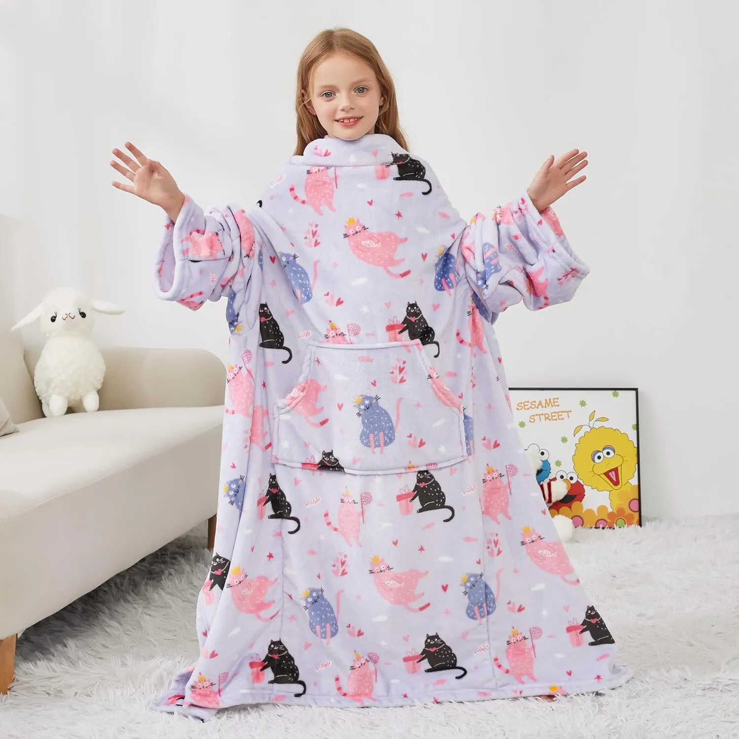 Kids Snuggies Wearable Fleece Blanket with Sleeves & Foot Pocket for Kids Girls Boys, Lightweight Soft Blanket, Cat