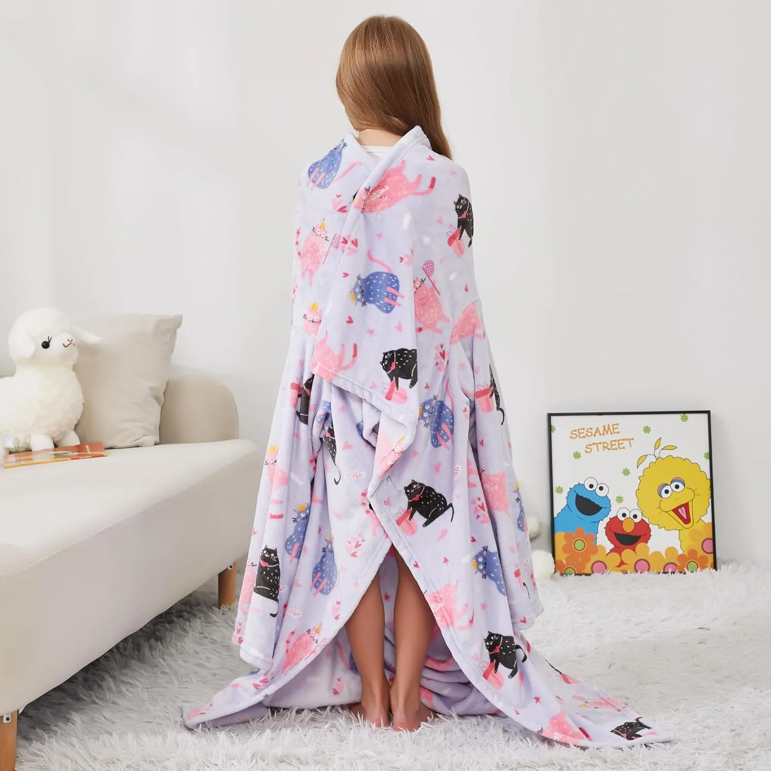 Kids Snuggies Wearable Fleece Blanket with Sleeves & Foot Pocket for Kids Girls Boys, Lightweight Soft Blanket, Cat