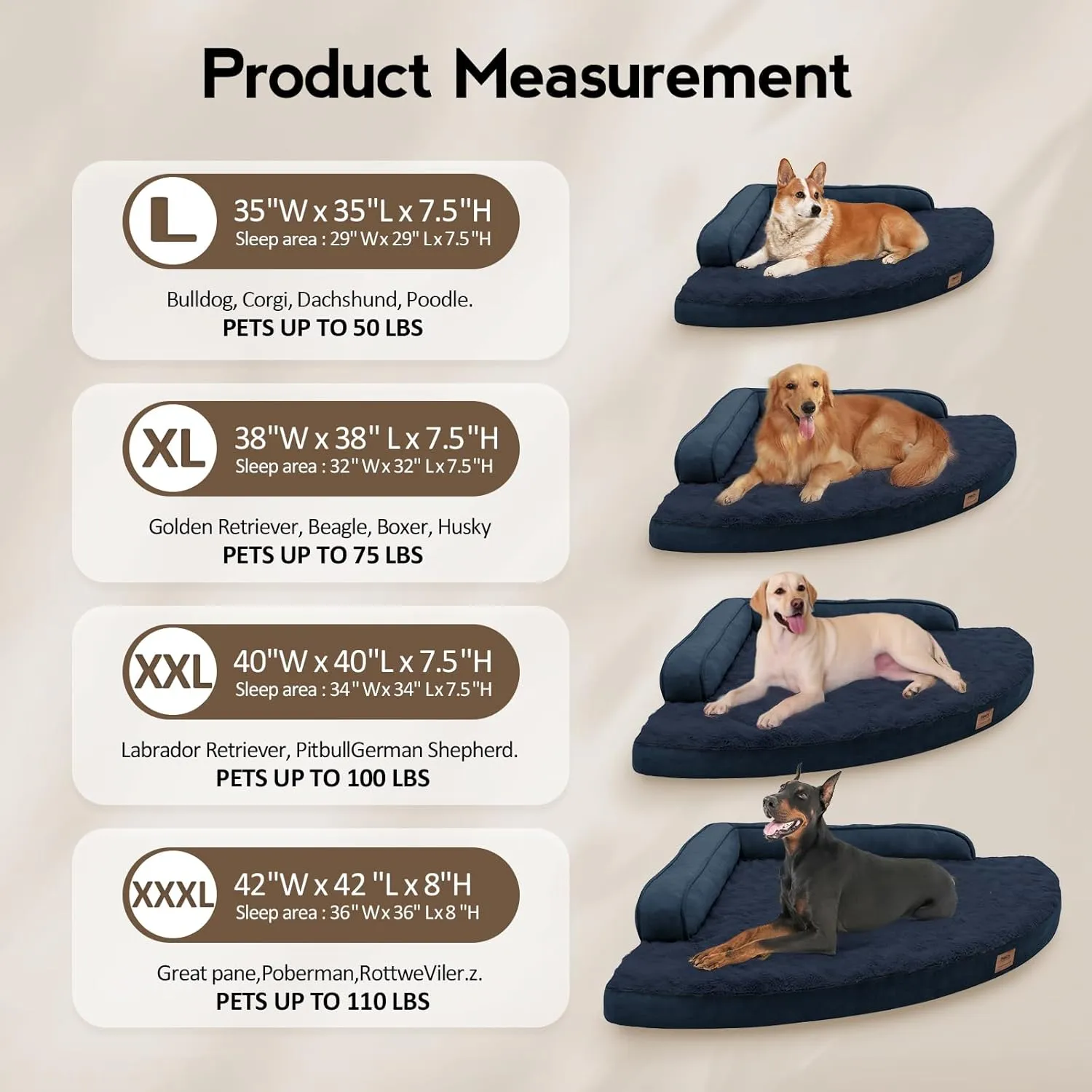Large Orthopedic Dog Bed with Sides Big Dog Beds with Removable Washable Cover Non-Slip Waterproof Pet Bed for Medium Large Dogs - Navy Blue L