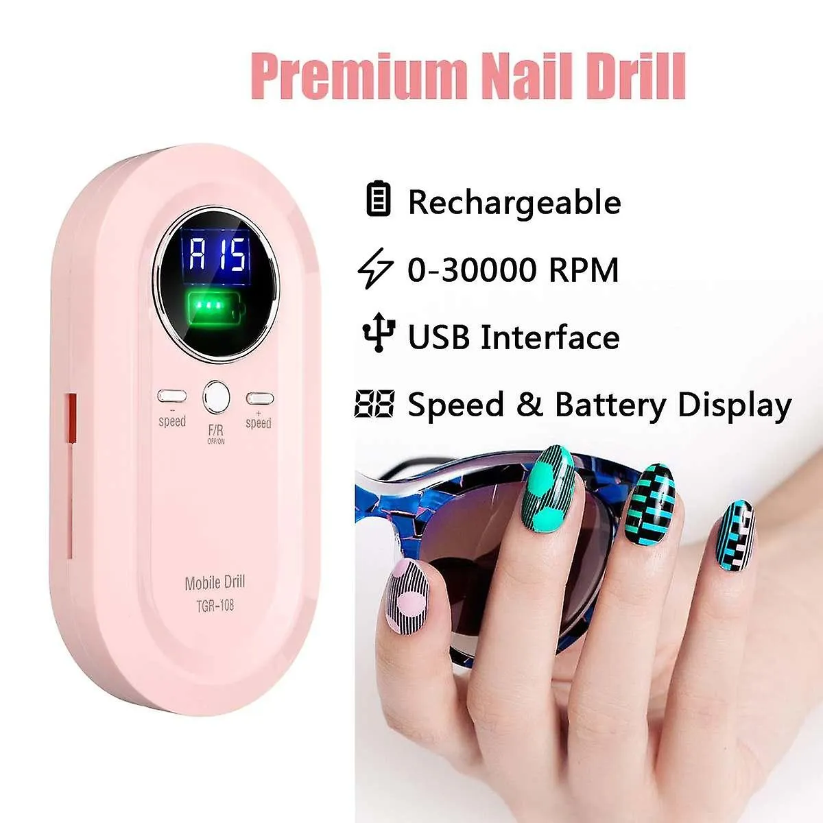 Nail dryers portable rechargeable electric professional art ceramic nail bits|electric manicure drills pink
