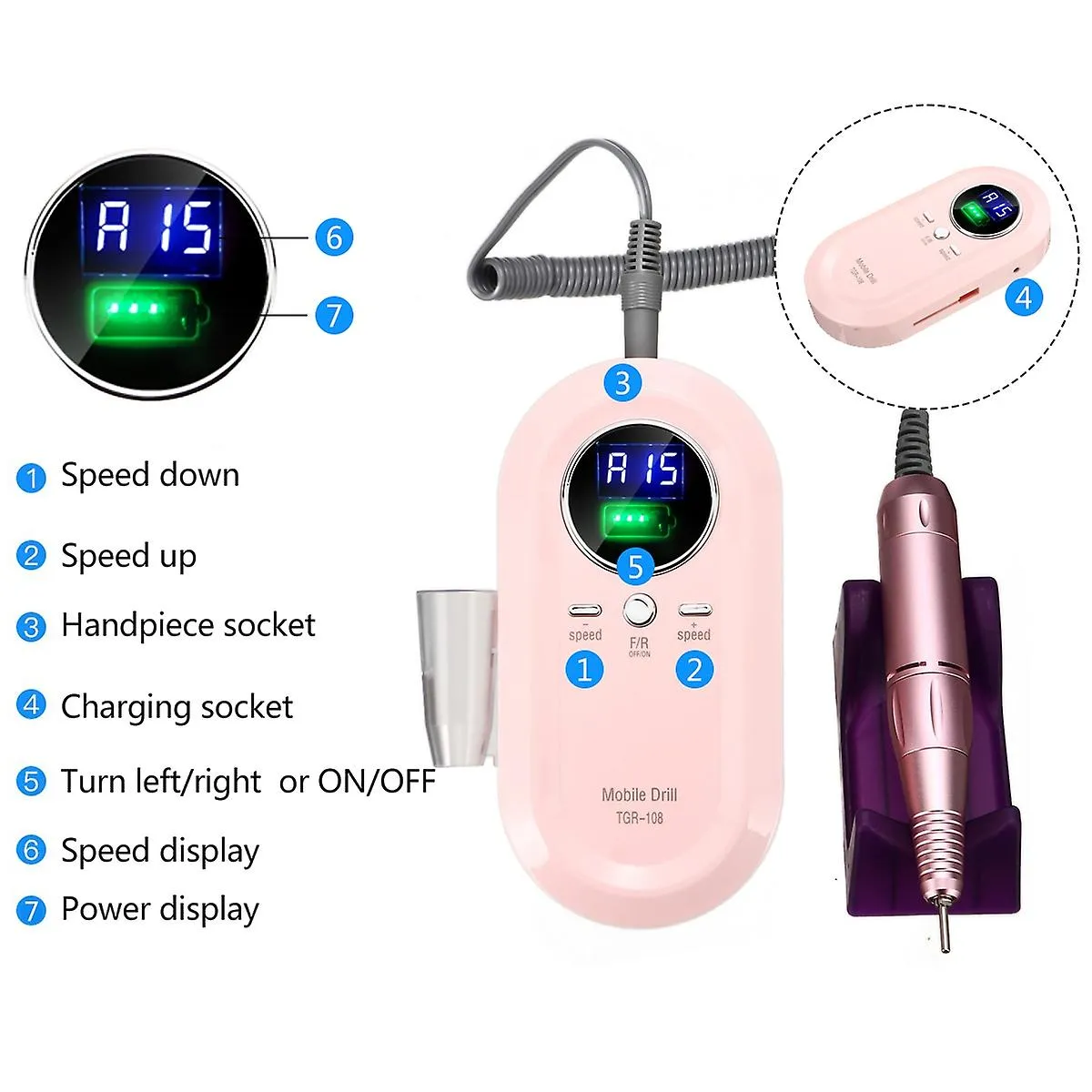Nail dryers portable rechargeable electric professional art ceramic nail bits|electric manicure drills pink