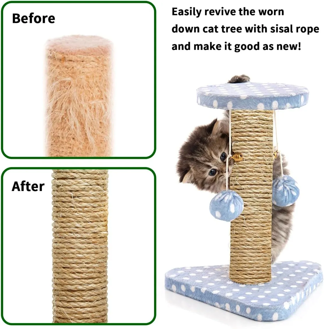 Natural Sisal Rope 1/4 Inch by 32-Feet for Cat Scratching Post Tree Tower Replacement Repair and Replace, DIY Hemp Twine Rope for Kittens Shelves Furniture Window Bed Perch House, 6mm by 10m