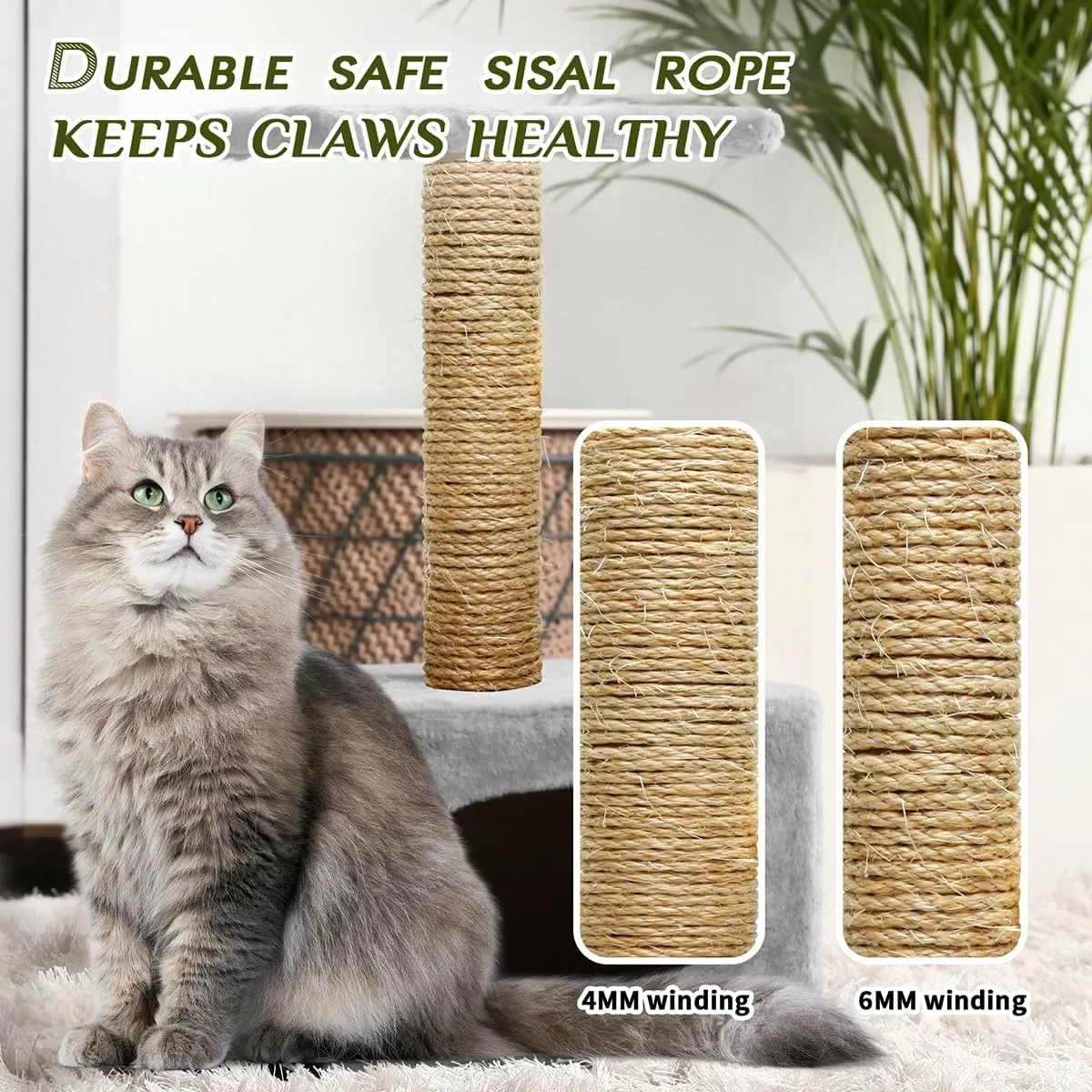 Natural Sisal Rope 1/4 Inch by 32-Feet for Cat Scratching Post Tree Tower Replacement Repair and Replace, DIY Hemp Twine Rope for Kittens Shelves Furniture Window Bed Perch House, 6mm by 10m