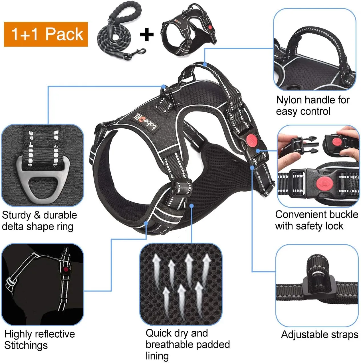 No Pull Dog Harness Adjustable Reflective Oxford Easy Control Medium Large Dog Harness with A Free Heavy Duty 5ft Dog Leash (M (Neck: 14.5"-20.5", Chest: 22"-28"), Black Harness Leash)