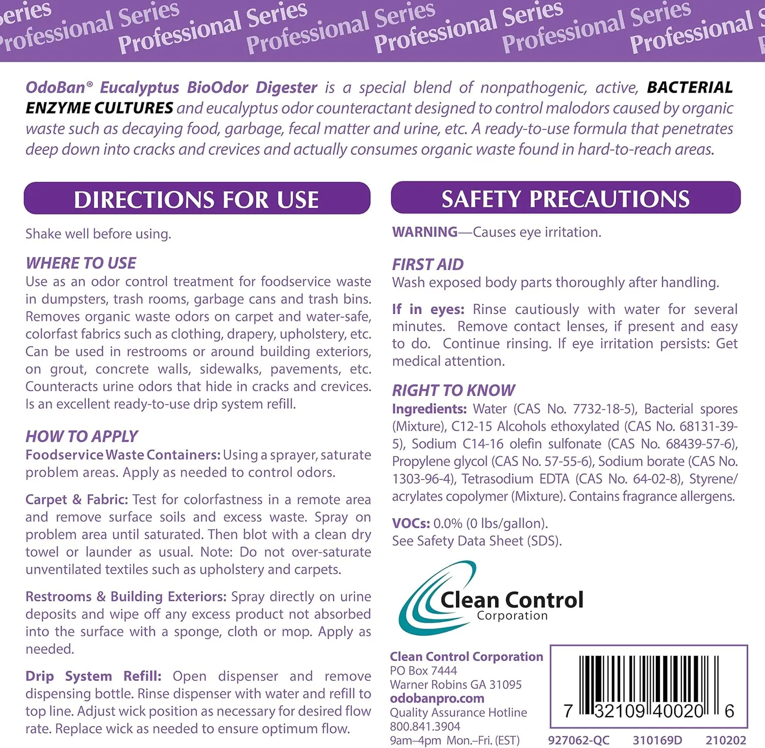 OdoBan Professional Cleaning Ready-to-Use BioOdor Digester Harsh Aroma Counteractant, 2-Pack, 1 Gallon Each, Eucalyptus Scent