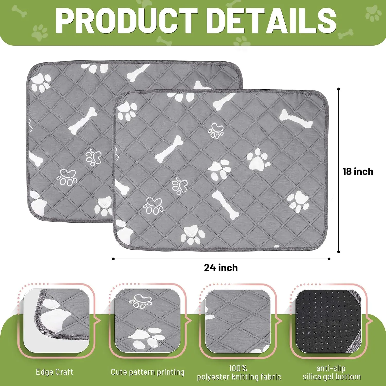 PatiencET Washable Pee Pads for Dogs, 18'' x 24" Reusable Puppy Pads with Super Absorbent for Pet Training, Housebreaking and Incontinence, 2 Pack Puppy Potty Pads with Waterproof Bottom