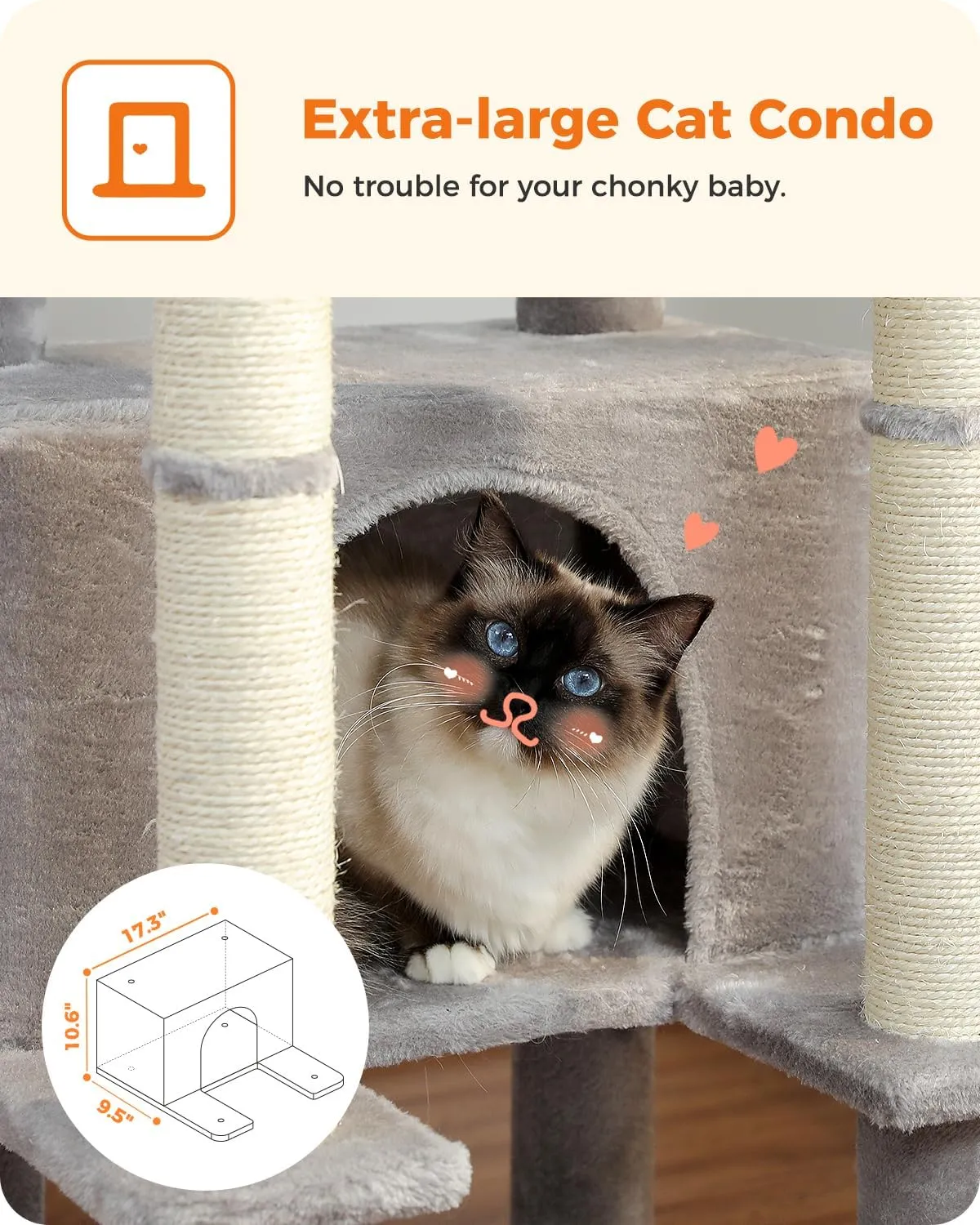 PEQULTI 54 Inches Multi-Level Cat Tree Cat Tower for Large Cats with Sisal-Covered Scratching Post, Cozy Condo, Cat Hammock and Wide Top Perch for Indoor Cats Grey