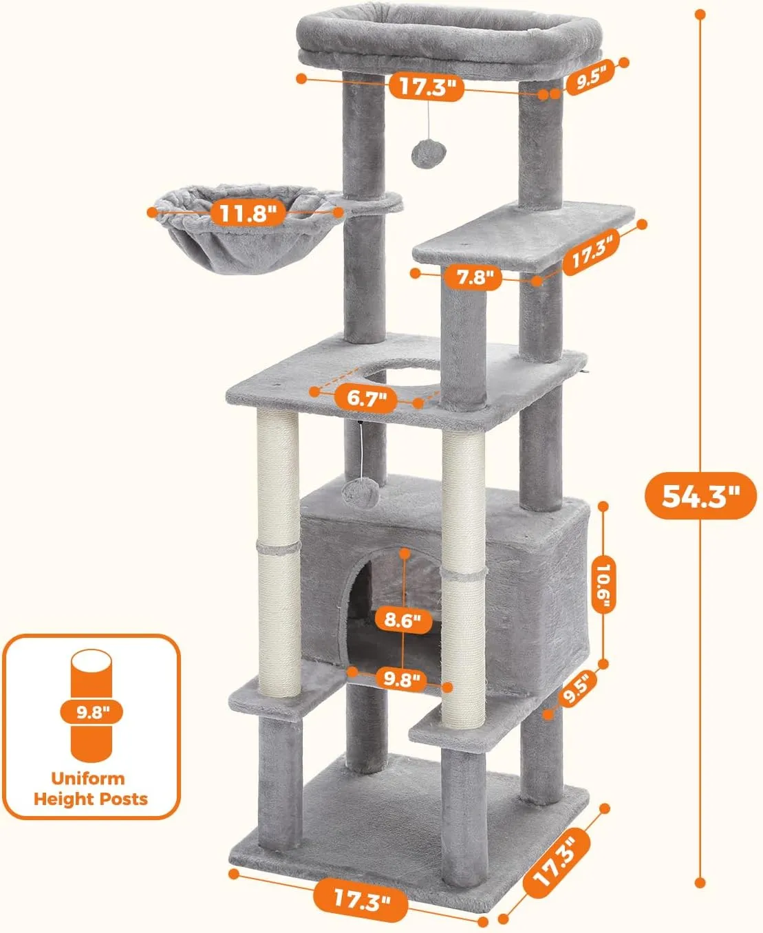 PEQULTI 54 Inches Multi-Level Cat Tree Cat Tower for Large Cats with Sisal-Covered Scratching Post, Cozy Condo, Cat Hammock and Wide Top Perch for Indoor Cats Grey