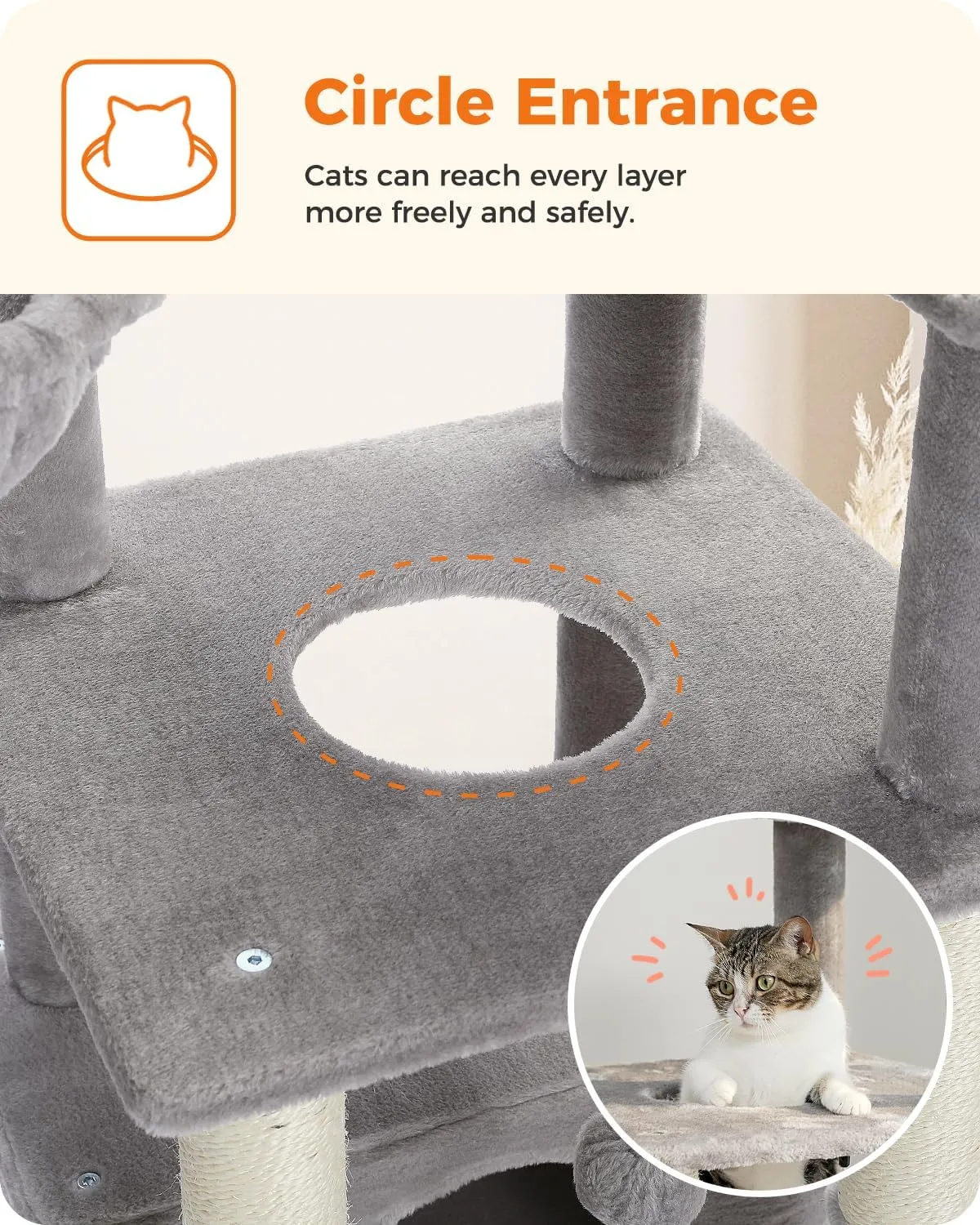 PEQULTI 54 Inches Multi-Level Cat Tree Cat Tower for Large Cats with Sisal-Covered Scratching Post, Cozy Condo, Cat Hammock and Wide Top Perch for Indoor Cats Grey