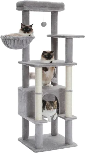PEQULTI 54 Inches Multi-Level Cat Tree Cat Tower for Large Cats with Sisal-Covered Scratching Post, Cozy Condo, Cat Hammock and Wide Top Perch for Indoor Cats Grey