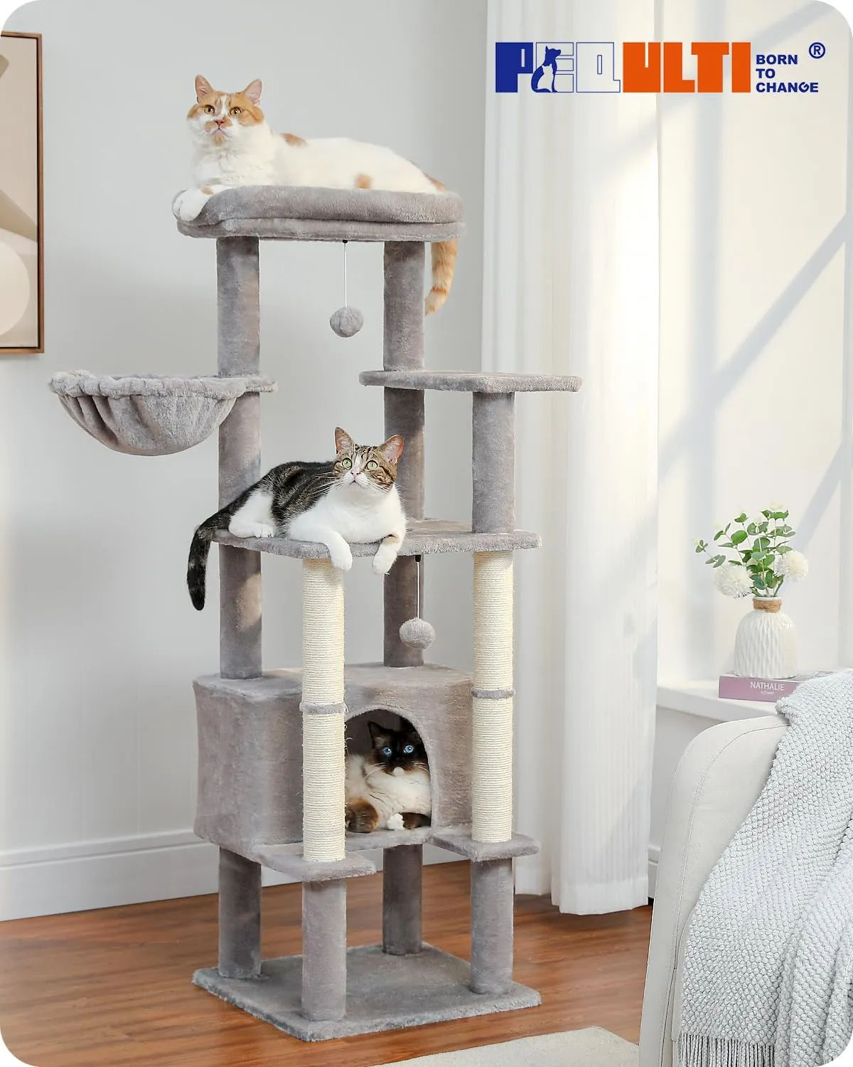PEQULTI 54 Inches Multi-Level Cat Tree Cat Tower for Large Cats with Sisal-Covered Scratching Post, Cozy Condo, Cat Hammock and Wide Top Perch for Indoor Cats Grey
