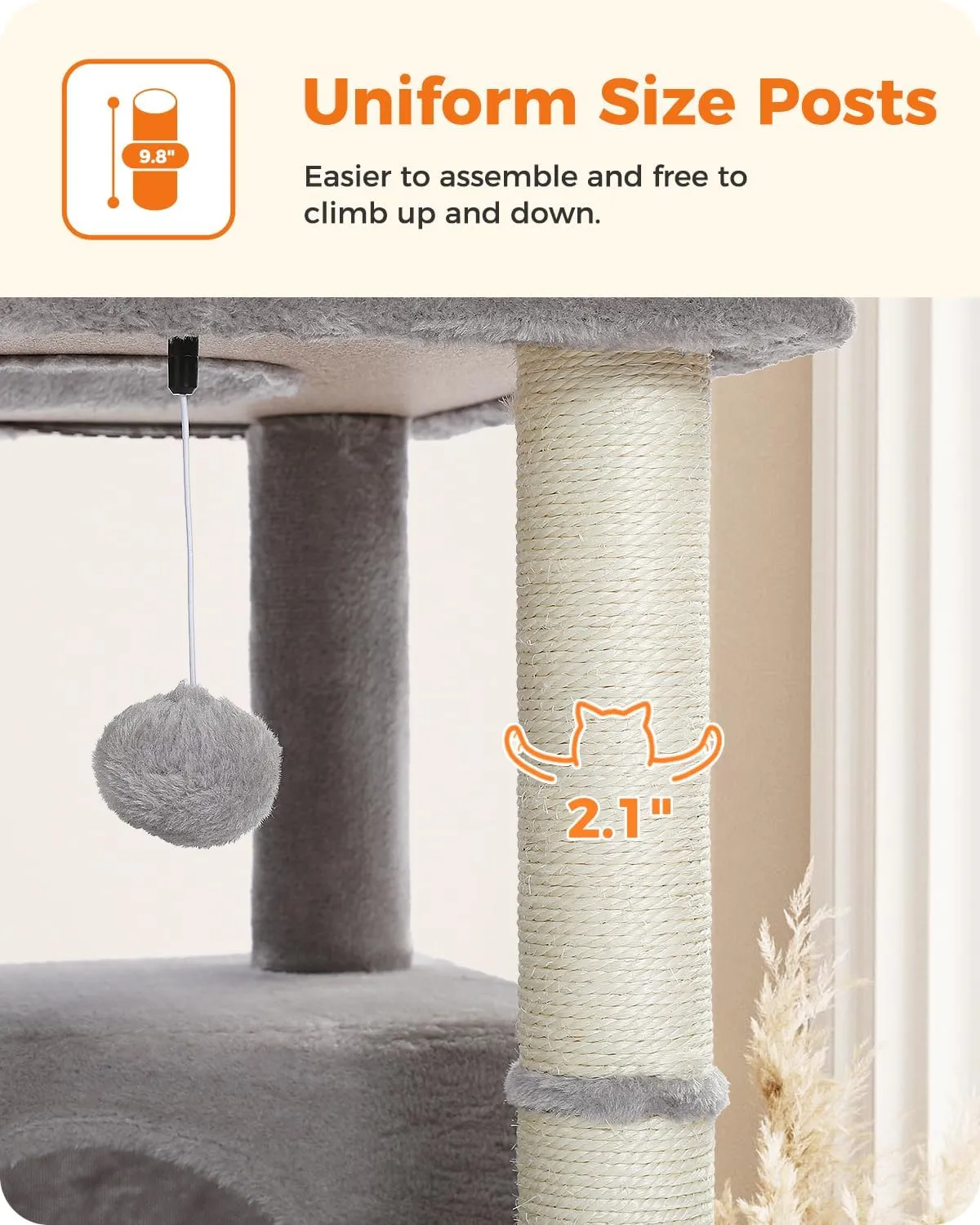 PEQULTI 54 Inches Multi-Level Cat Tree Cat Tower for Large Cats with Sisal-Covered Scratching Post, Cozy Condo, Cat Hammock and Wide Top Perch for Indoor Cats Grey