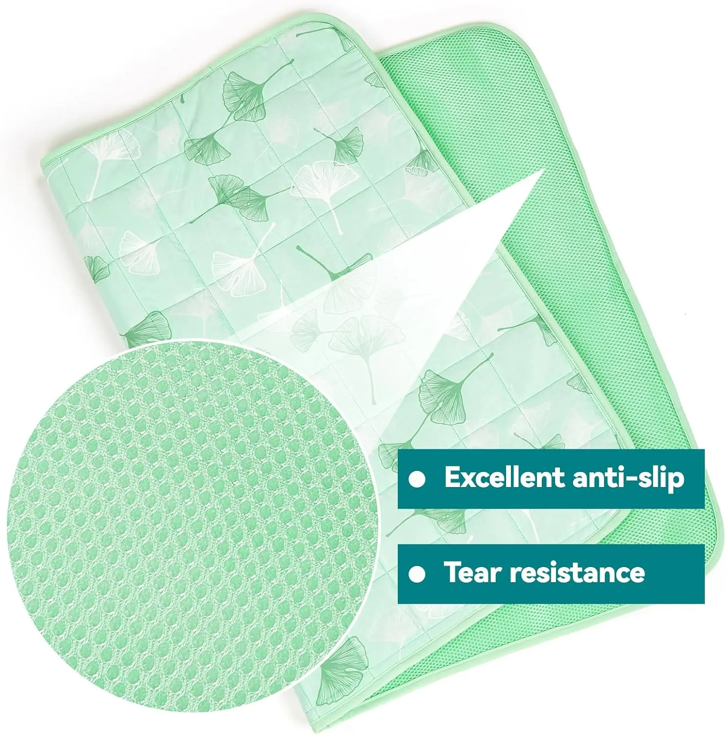 Pet Cooling Mat for Dogs & Cats - Qmax 0.4 Waterproof Cooling Pad, Summer Heat Relief Mat with Japanese Polyester Tech, 3 Sizes Indoor/Outdoor Use (19.5 * 27.5, Green Ginkgo Leaves)